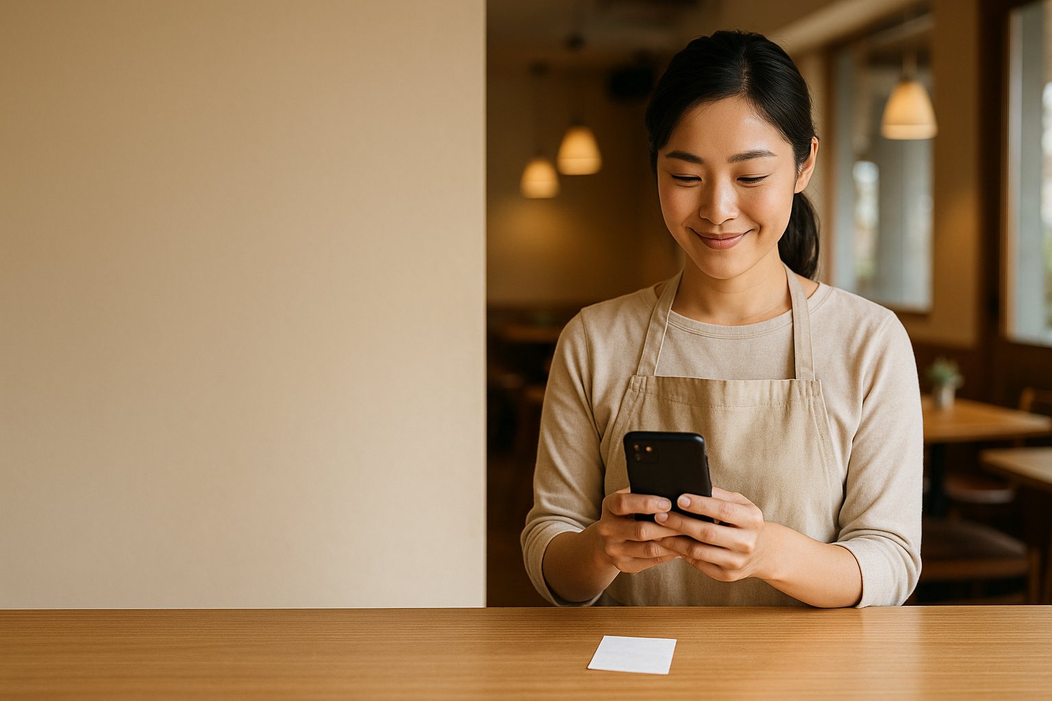 飲食店のオーナーがスマホでレシートを撮影して記帳する様子