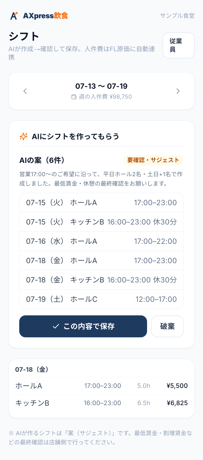 AIシフト管理の画面(サンプル)